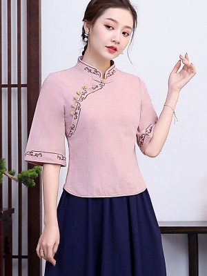 Embroidered Linen Qipao / Cheongsam Blouse Top with Half Sleeve