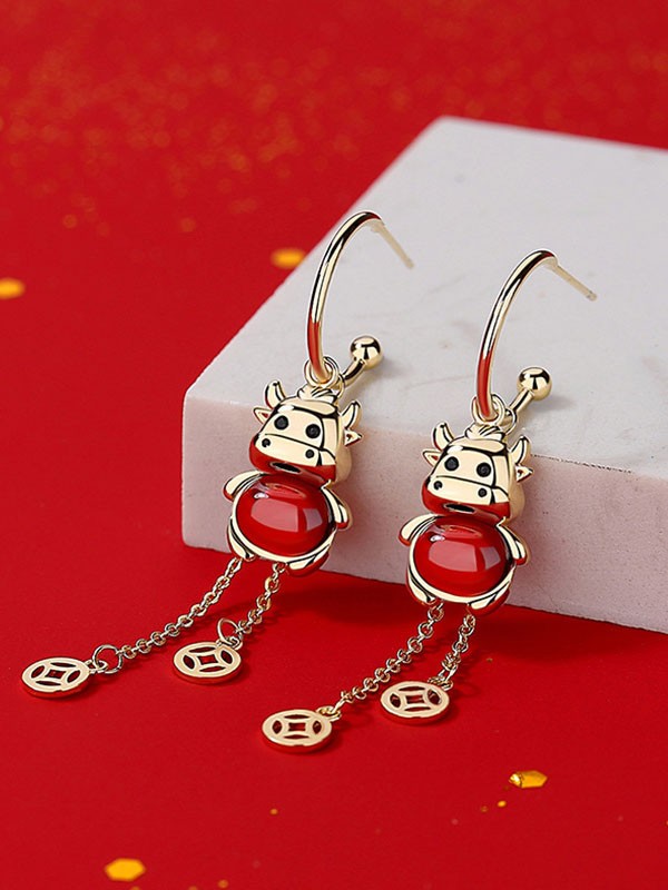 Zodiac Animals Ox Year Crystal Drop Dangle Earrings