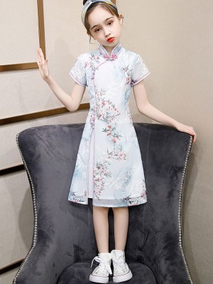 Blue Floral Kids Girl's Cheongsam / Qipao Dress