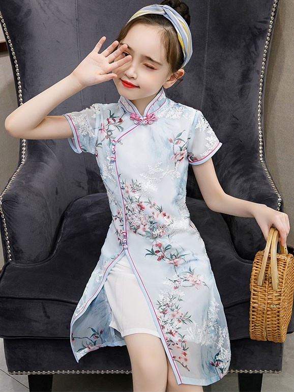 Blue Floral Kids Girl's Cheongsam / Qipao Dress