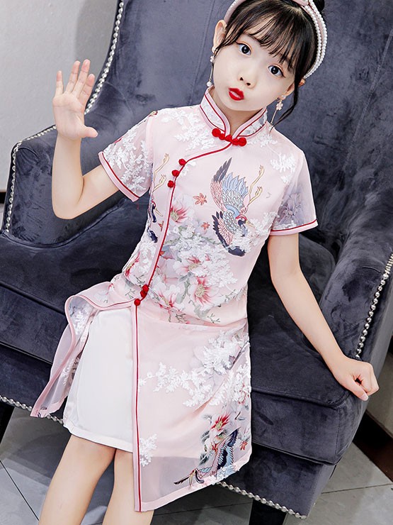 Pink Floral Kids Girl's Cheongsam / Qipao Dress