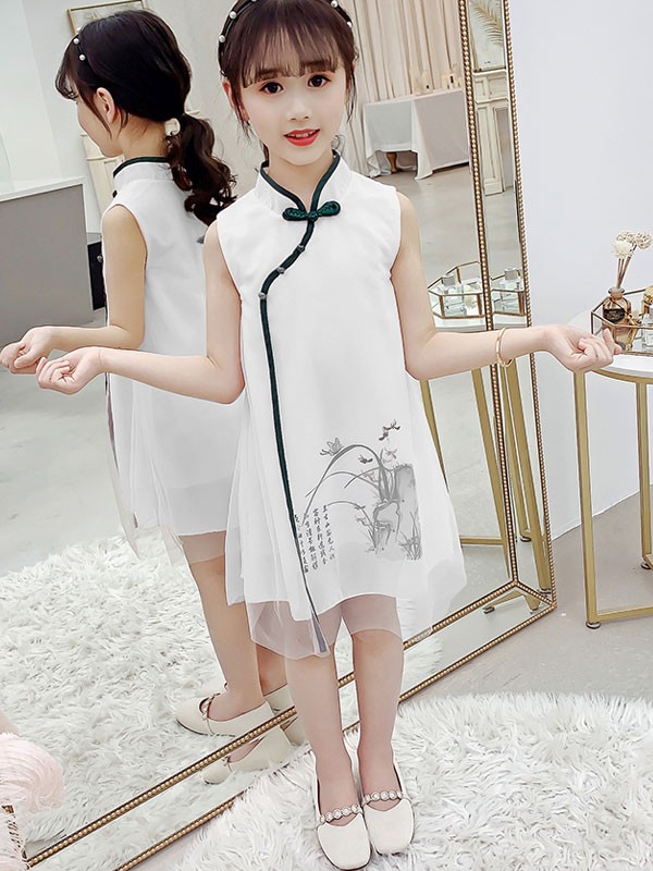 Pink White Kids Girl's Cheongsam / Qipao Dress