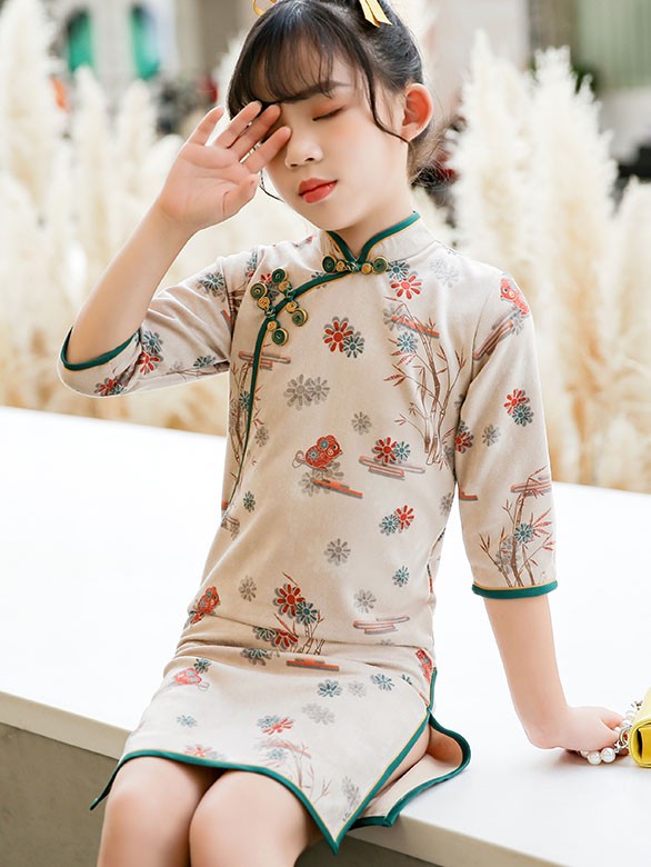 Spring Floral Print Kids Girl's Cheongsam / Qipao Dress