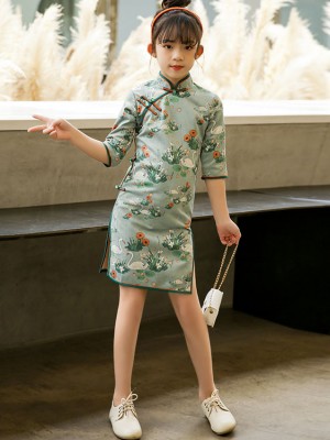 Spring Swan Print Kids Girl's Cheongsam / Qipao Dress