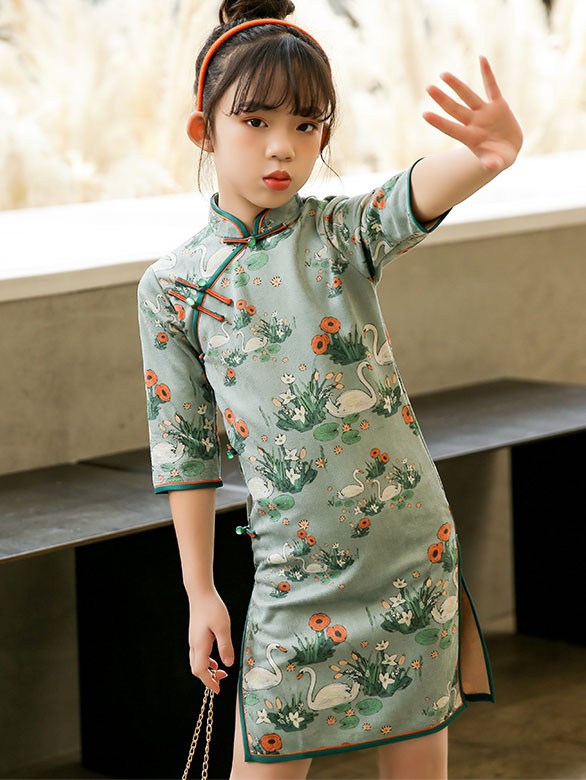 Spring Swan Print Kids Girl's Cheongsam / Qipao Dress