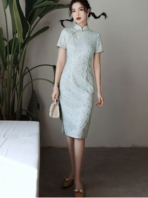 2021 Blue Yellow Lace Short Qipao / Cheongsam Dress