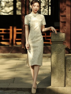 2021 Summer Beige Lace Short Qipao / Cheongsam Dress