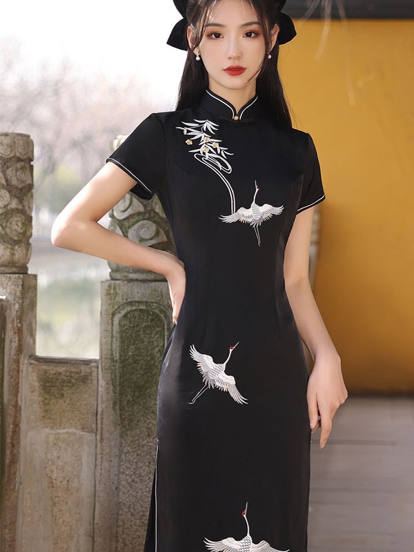2021 Embroidered Cranes Qipao / Cheongsam Dress