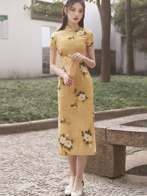 Yellow Floral Tea-Length Qipao / Cheongsam Dress