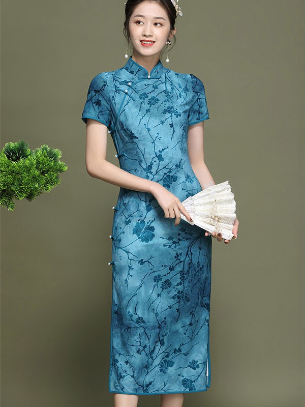 2021 Blue Floral Velvet Qipao / Cheongsam Dress 2021 Blue Floral Velvet Qipao / Cheongsam Dress