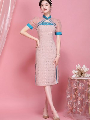 2021 Summer Pink Lace Qipao / Cheongsam Dress
