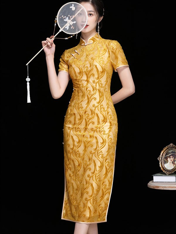 2021 Yellow Floral Velvet Qipao / Cheongsam Dress 2021 Yellow Floral Velvet Qipao / Cheongsam Dress