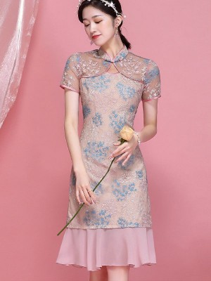 2021 Pink Lace Qipao / Cheongsam Dress with Frill Hem