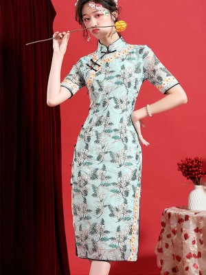 2021 Summer Green Floral Qipao / Cheongsam Dress