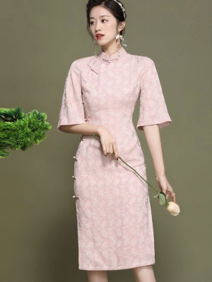 2021 Pink Jacquard Midi Qipao / Cheongsam Dress