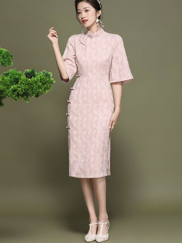 2021 Pink Jacquard Midi Qipao / Cheongsam Dress 2021 Pink Jacquard Midi Qipao / Cheongsam Dress