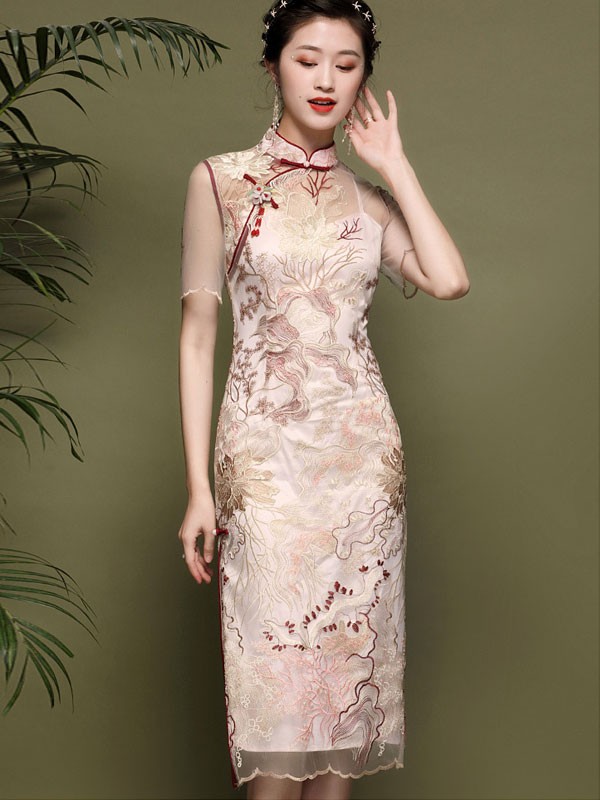 2021 Summer Pink Embroidered Qipao / Cheongsam Dress