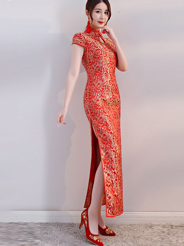 Red Jacquard Bridal Long Qipao / Wedding Cheongsam Dress