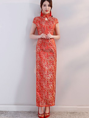 Red Jacquard Bridal Long Qipao / Wedding Cheongsam Dress