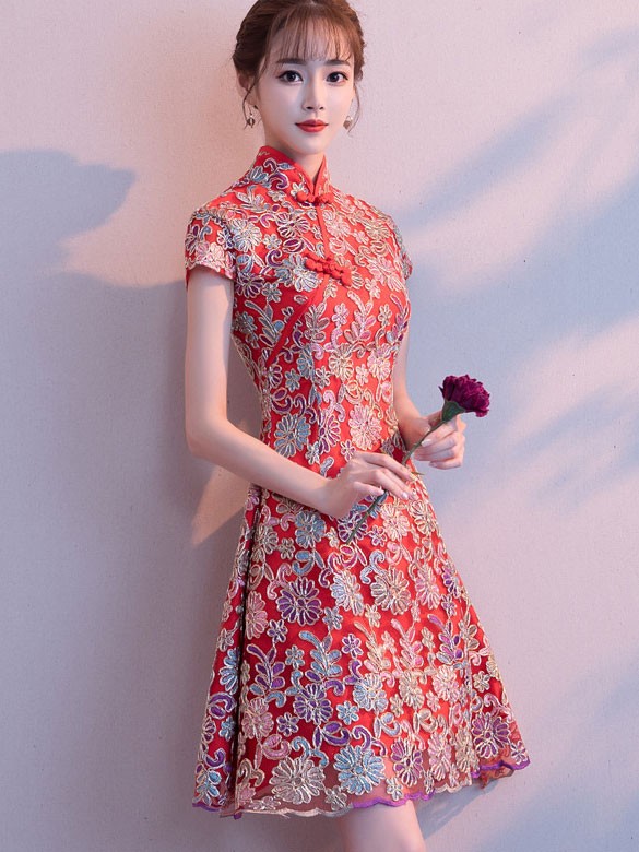 Red Floral A-Line Short Qipao / Cheongsam Party Dress