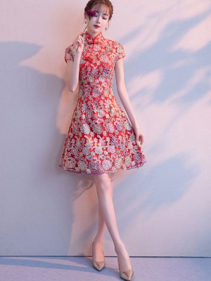 Red Floral A-Line Short Qipao / Cheongsam Party Dress