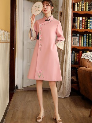 Green Pink Embroidered Women Chinese Tang Coat