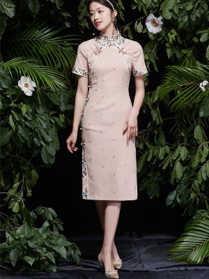 2021 Summer Embroidered Pink Qipao / Cheongsam Dress