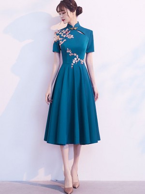 Blue A-Line Tea-Length Qipao / Cheongsam Party Dress