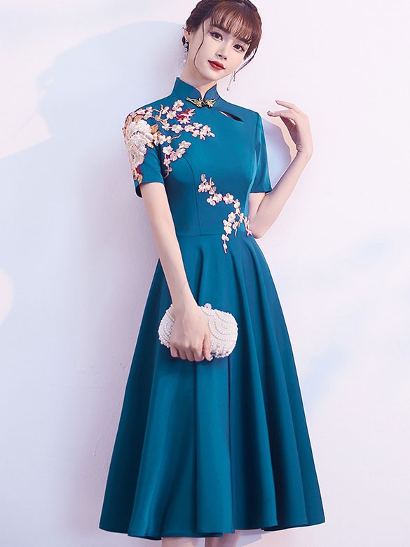 Blue A-Line Tea-Length Qipao / Cheongsam Party Dress