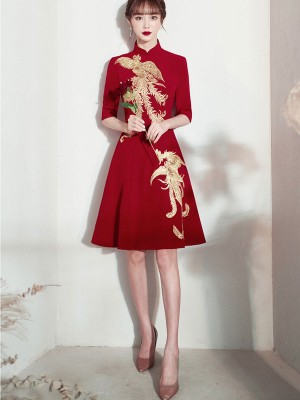 Burgundy A-Line Phoenix Qipao / Cheongsam Wedding Dress