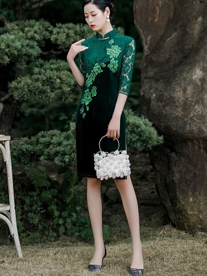 Mother-of-the-Bride Embroidered Velour Qipao / Cheongsam Dress