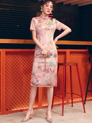 2021 Summer Pink Floral Midi Cheongsam / Qipao Party Dress