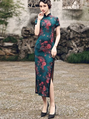 Green Floral Print Maxi Qipao / Cheongsam Dress