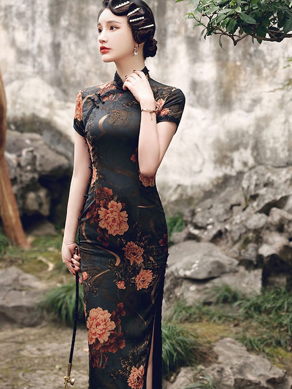 Mother's Floral Print Maxi Qipao / Cheongsam Dress