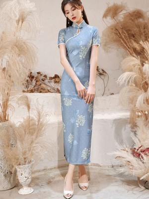 Blue Lace Ankle Length Qipao / Cheongsam Dress