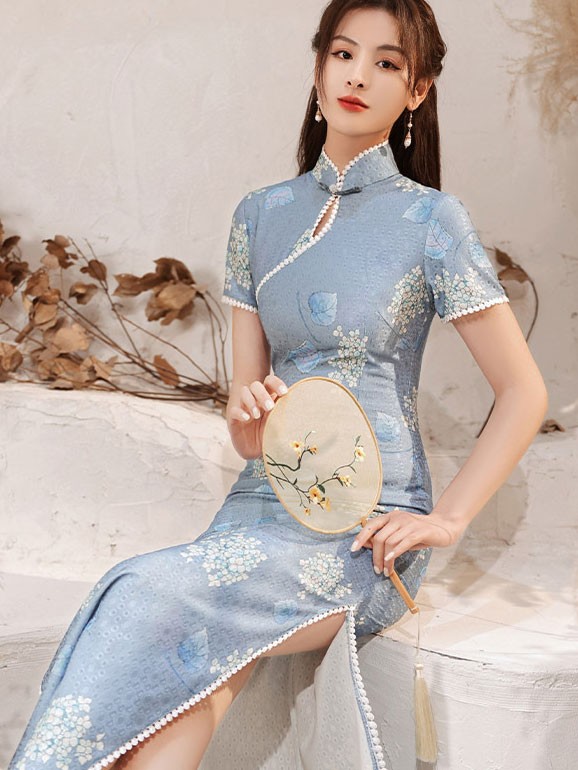 Blue Lace Ankle Length Qipao / Cheongsam Dress