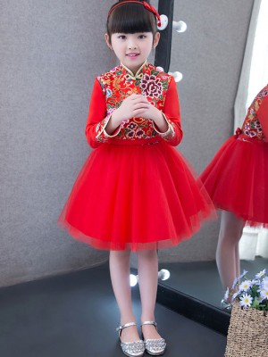 Kids Red Cheongsam / Qipao Dress with Tulle Skirt