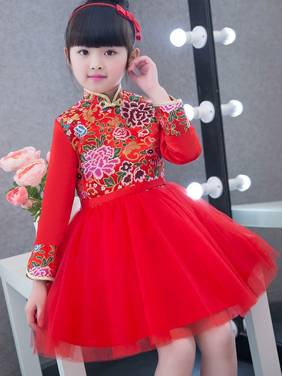 Kids Red Cheongsam / Qipao Dress with Tulle Skirt