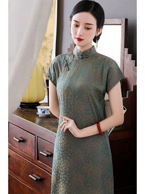 Blue Floral Tea-Length Qipao / Cheongsam Dress