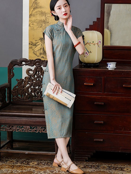 Blue Floral Tea-Length Qipao / Cheongsam Dress