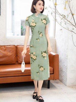 Green Floral Tea-Length Qipao / Cheongsam Dress
