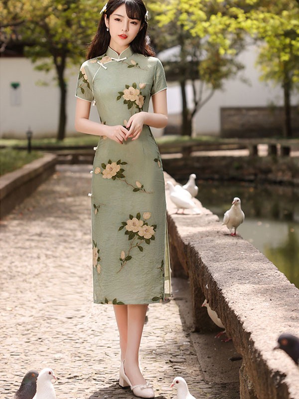 Green Floral Tea-Length Qipao / Cheongsam Dress