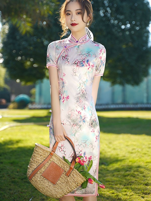 Pink Floral Print Mid Qipao Cheongsam Dress CozyLadyWear