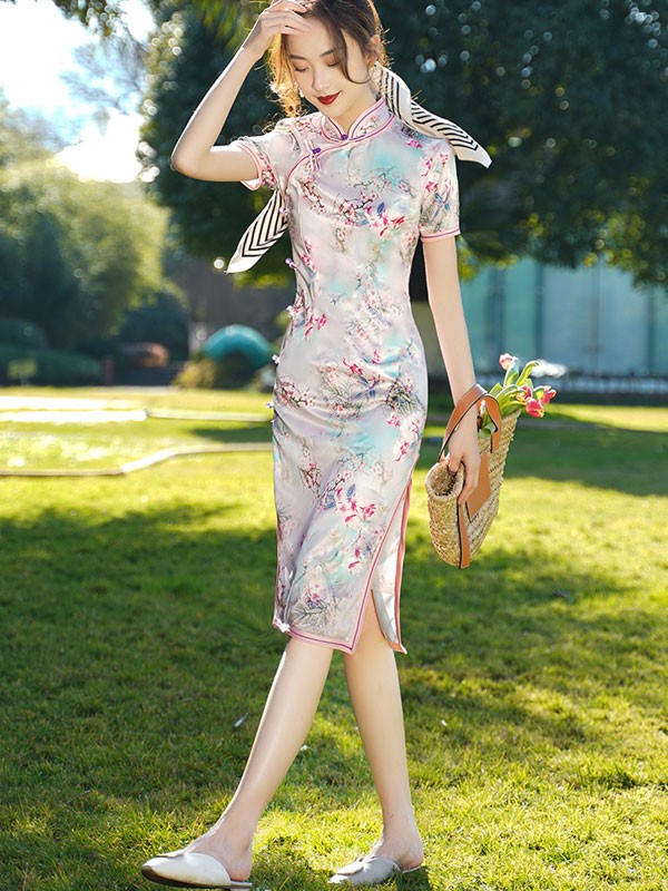 Pink Floral Print Mid Qipao / Cheongsam Dress