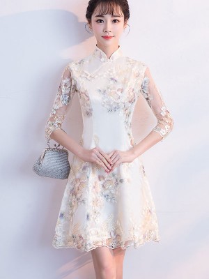Beige Embroidered A-Line Qipao / Cheongsam Party Dress