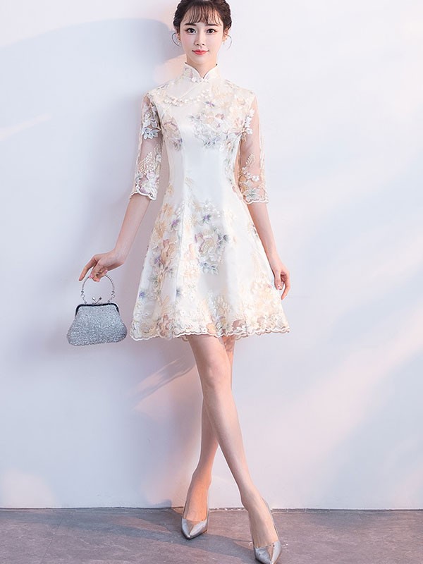 Beige Embroidered A-Line Qipao / Cheongsam Party Dress