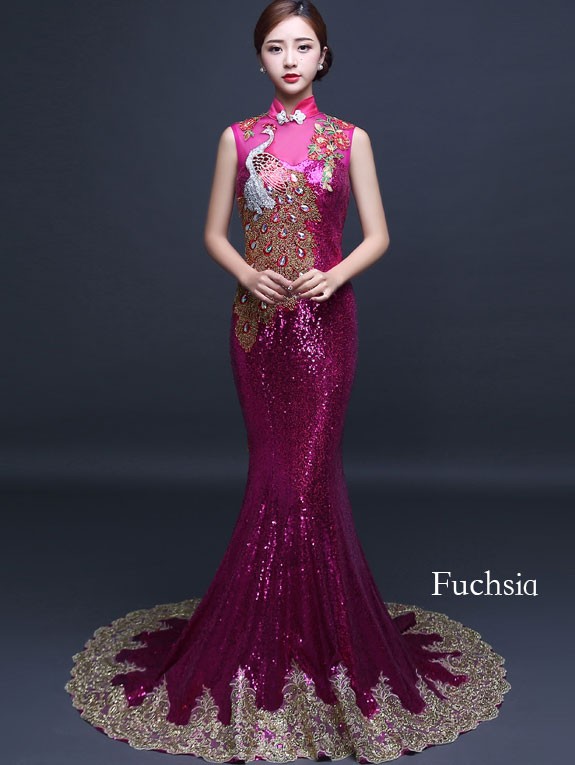 Custom Tailored Sequined Qipao / Cheongsam Dress with Mermaid Train