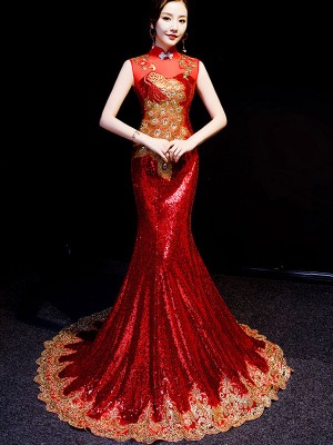 Custom Tailored Sequined Qipao / Cheongsam Dress with Mermaid Train