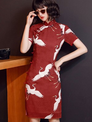 Red Printed Birds Midi Qipao / Cheongsam Party Dress