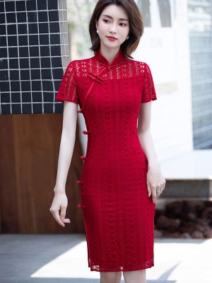 2021 Red Lace Illusion Qipao / Cheongsam Party Dress